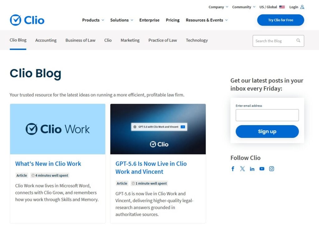Screenshot del blog di Clio e del campo di iscrizione alla newsletter.