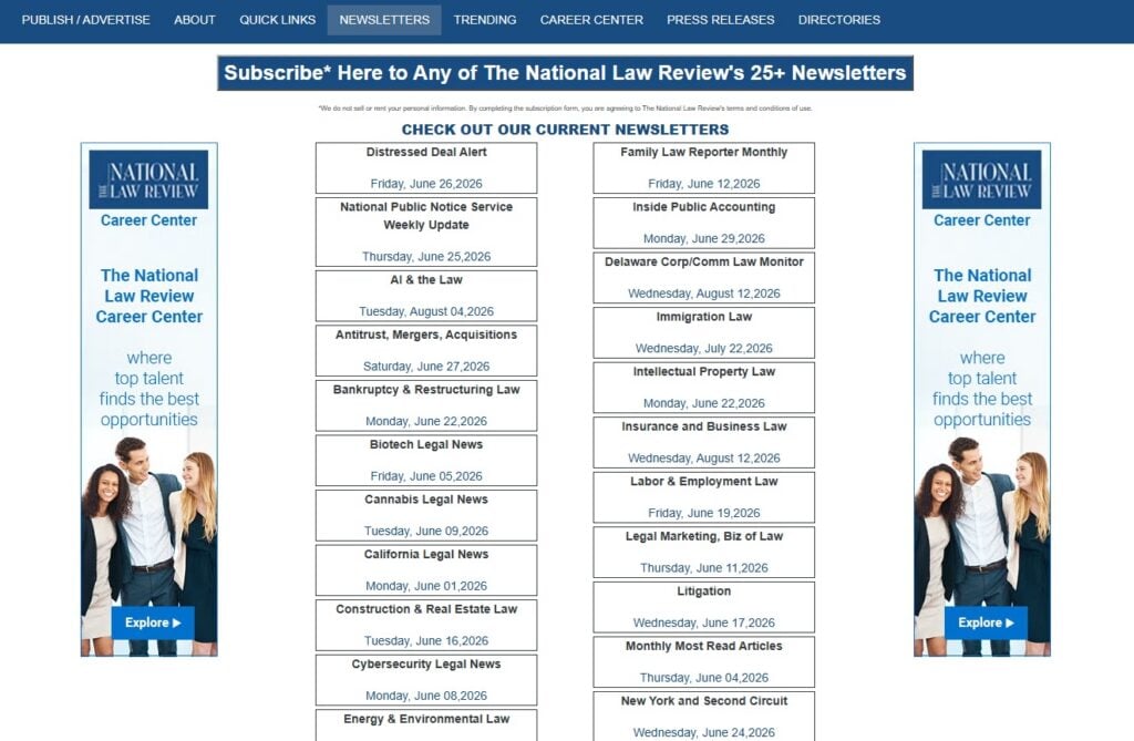 Screenshot della pagina di iscrizione alle newsletter di National Law Review'