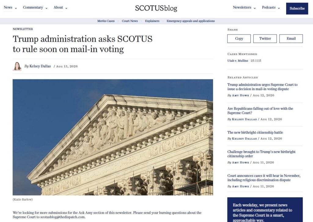 Screenshot della pagina web di SCOTUSblog
