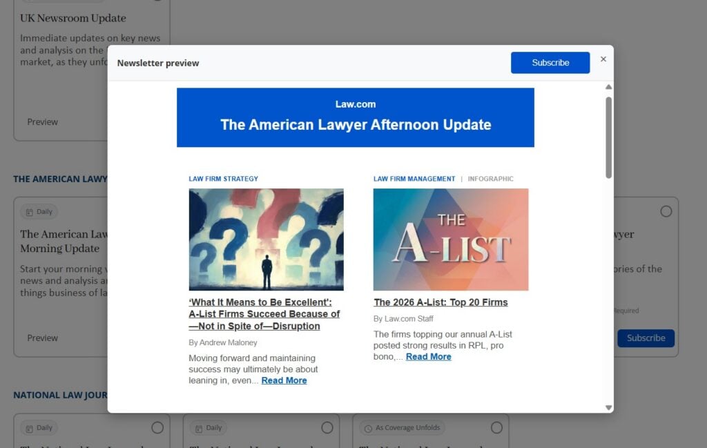 Esempio della newsletter dell'aggiornamento pomeridiano di The American Lawyer