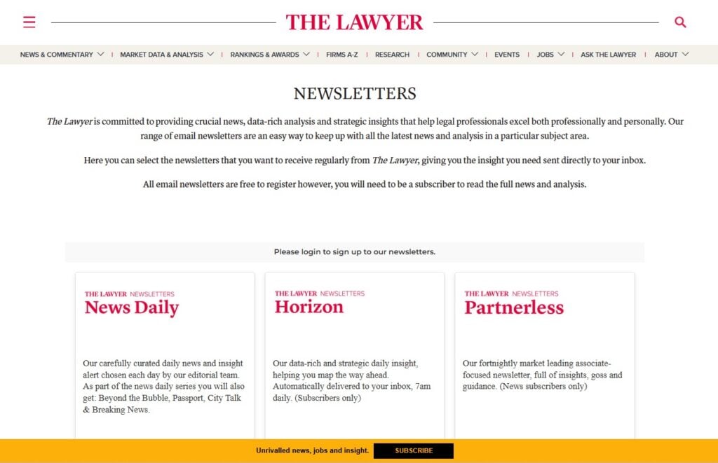 Screenshot della selezione di newsletter di The Lawyer'