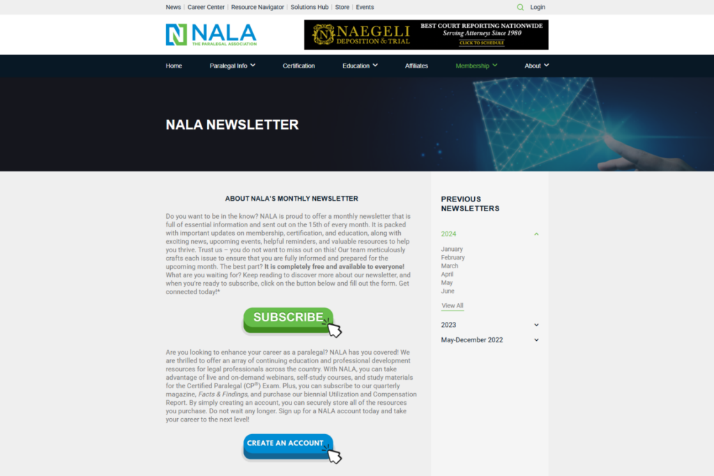 Page du bulletin de NALA avec les détails de l’abonnement et les numéros précédents