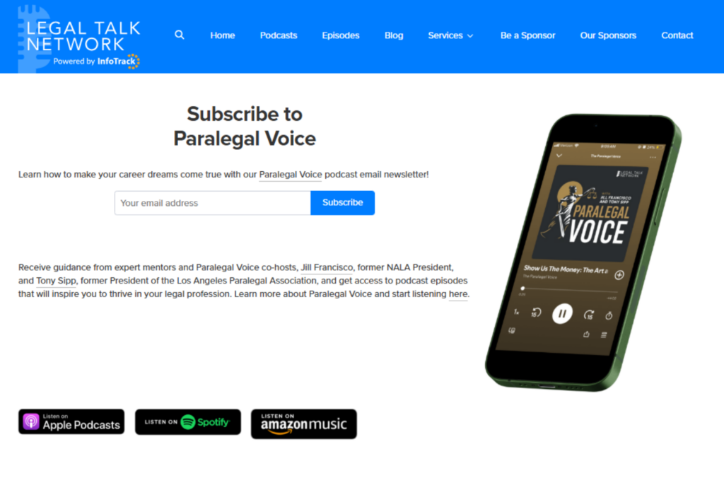 Page d'inscription aux courriels de Paralegal Voice