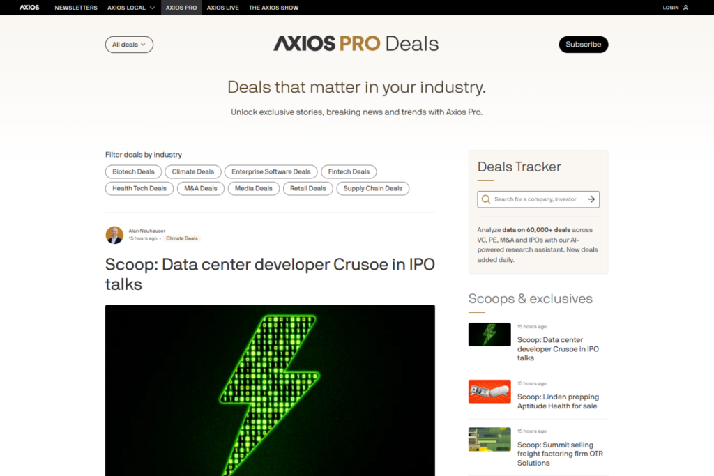 Axios Pro Deals page featuring industry filters, deal tracking, and exclusive stories