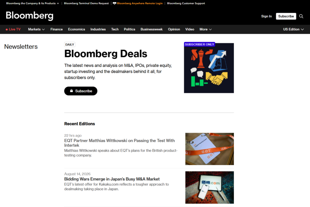 Bloomberg Deals page highlighting recent dealmaking stories and analysis
