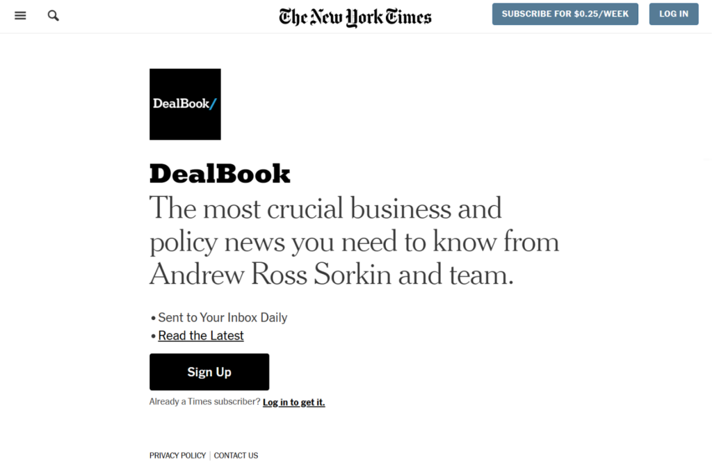 DealBook newsletter sign-up page from The New York Times