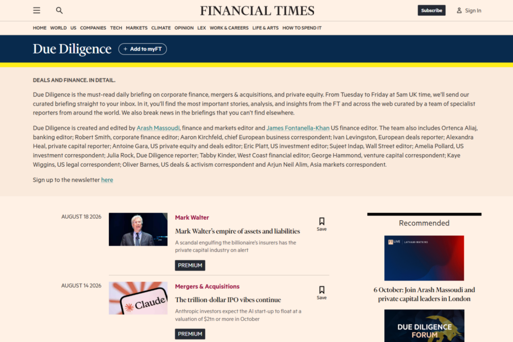 Due Diligence page from the Financial Times featuring corporate finance and M&A stories