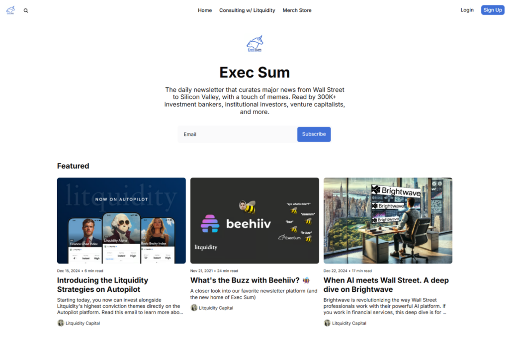 Exec Sum homepage featuring finance and technology stories with a newsletter sign-up