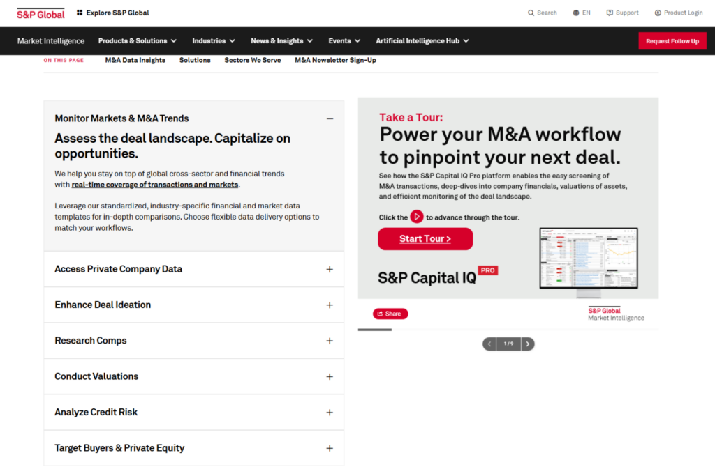 S&P Global page showing M&A market analysis and deal research capabilities