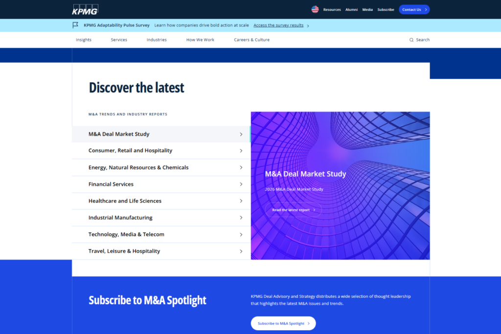 KPMG M&A Spotlight page featuring deal market studies and industry reports
