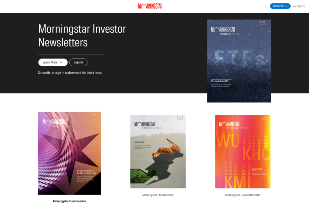 Morningstar Investor Newsletters page displaying FundInvestor, StockInvestor, and DividendInvestor