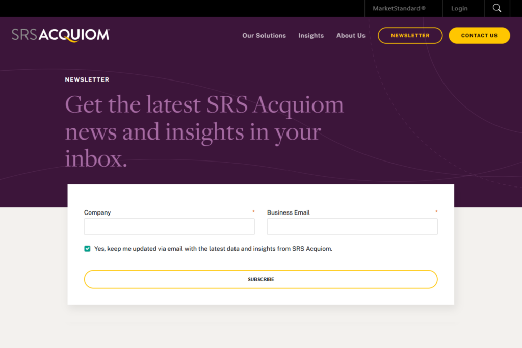 SRS Acquiom newsletter page with a form for receiving M&A data and insights
