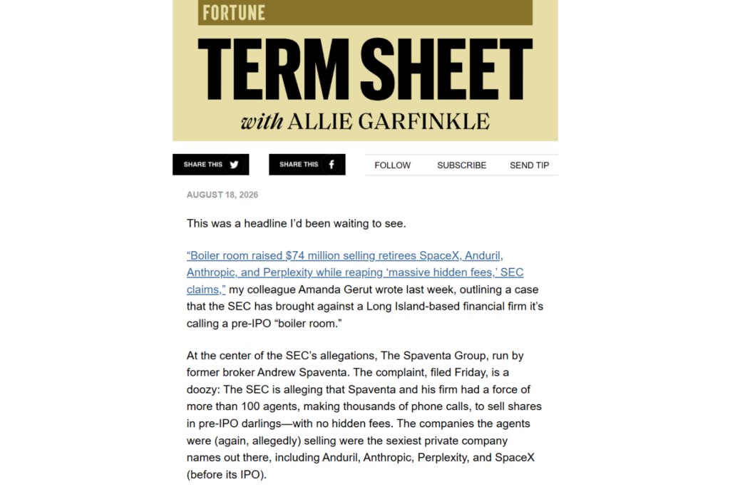Term Sheet newsletter by Fortune featuring a report on a pre-IPO investment case