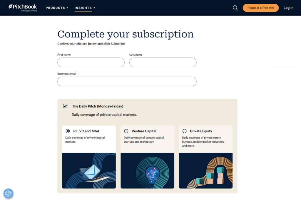 The Daily Pitch subscription page with PE, VC, and private equity topic options