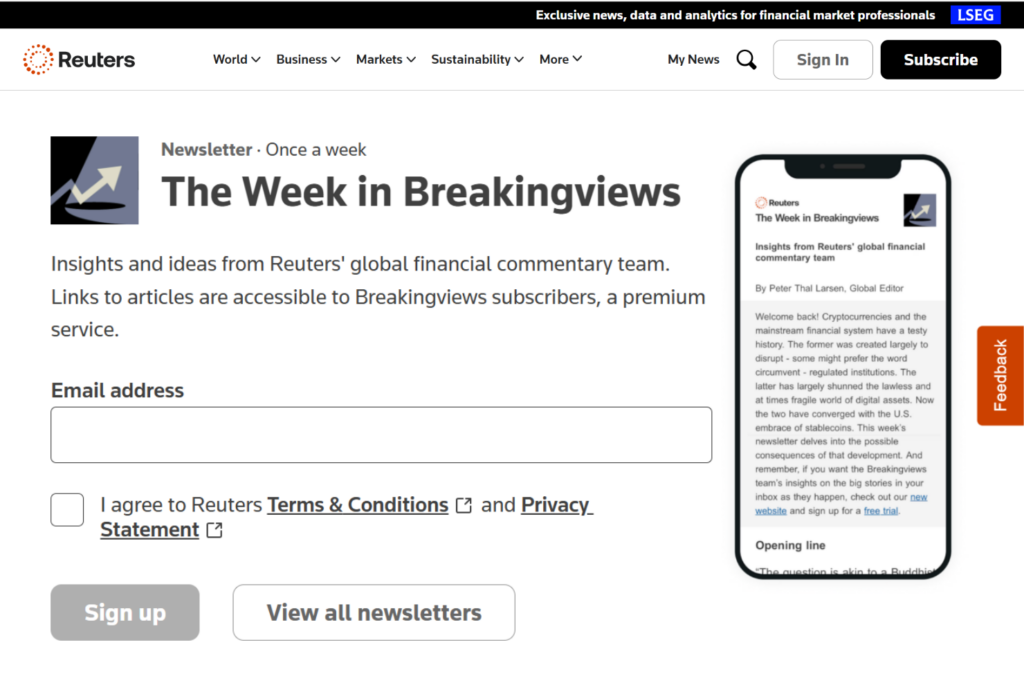 Reuters page for The Week in Breakingviews with financial commentary and a sign-up form