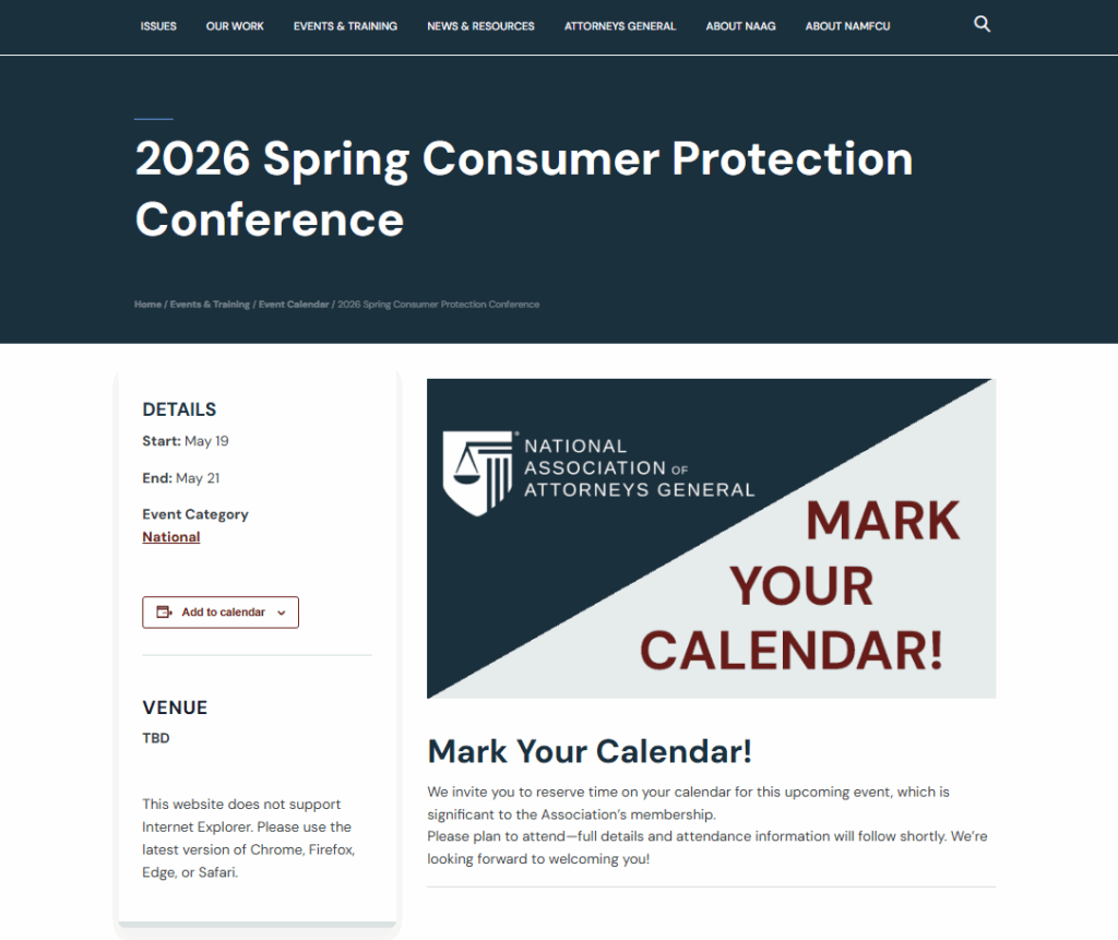 Website page of the NAAG Spring Consumer Protection Conference 2026