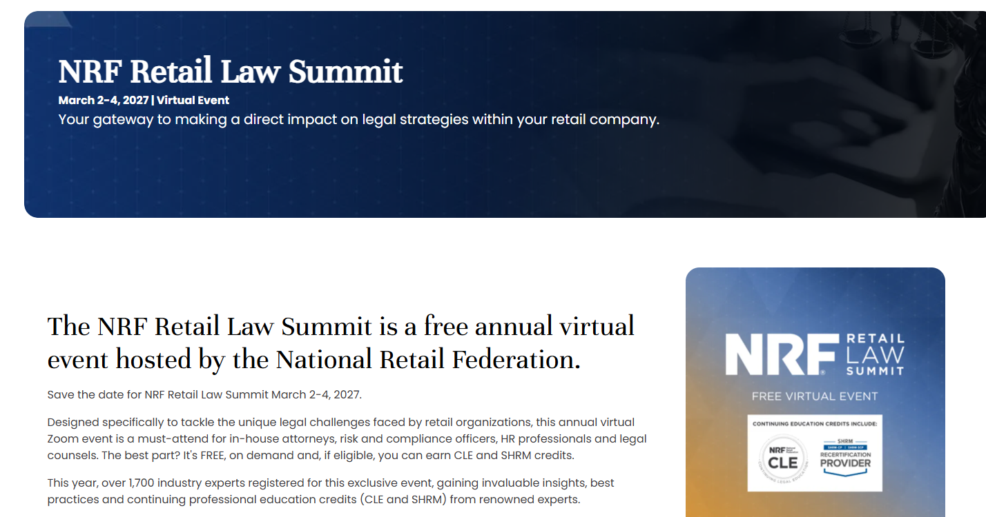 Landing page of the NRF Retail Law Summit 2027 virtual event
