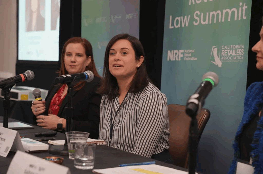 Panelist Ashley Hoffman, California Chamber of Commerce Senior Policy Advocate, speaks at the Retail Law Summit 2025 in California
