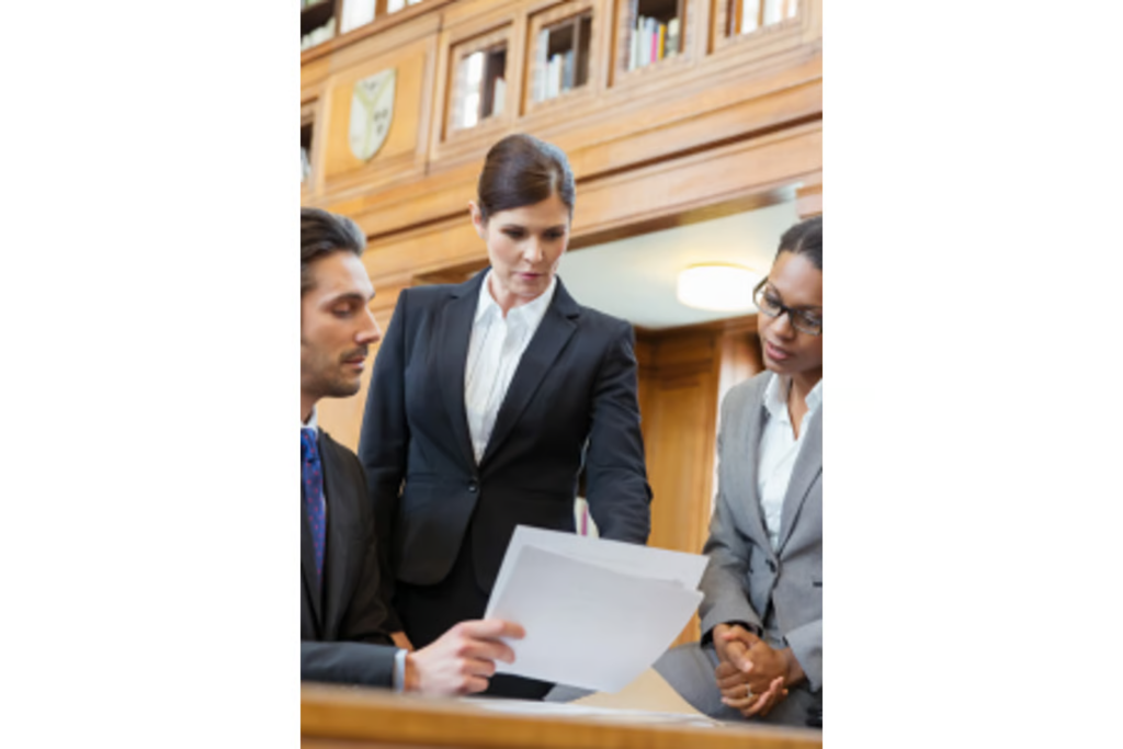Three legal professionals in suits reviewing a document together in a courtroom.