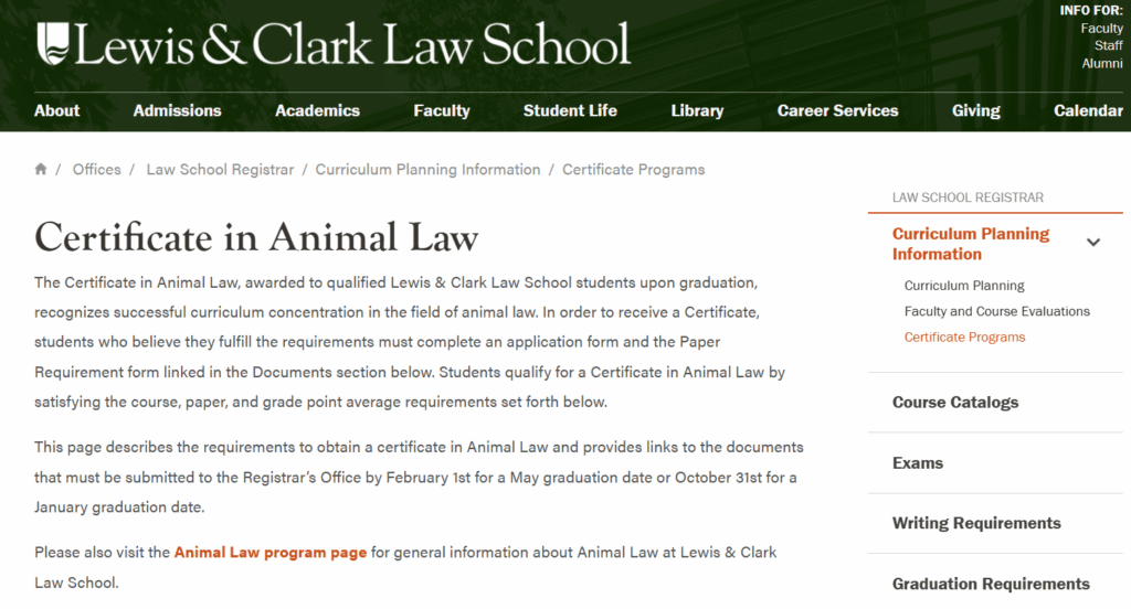 Overview page of the Certificate in Animal Law
