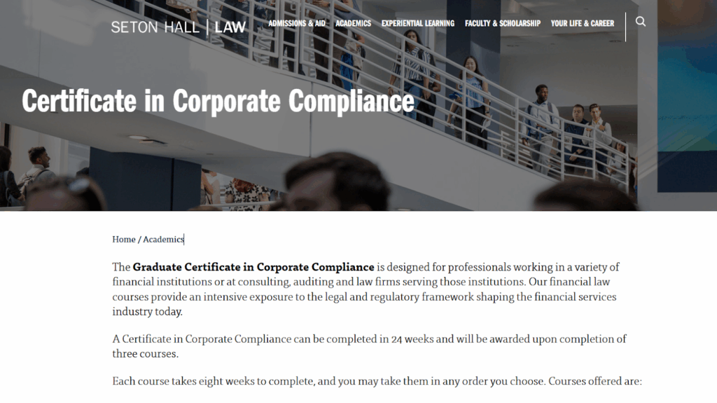 Screenshot of the Certificate in Corporate Compliance 's overview