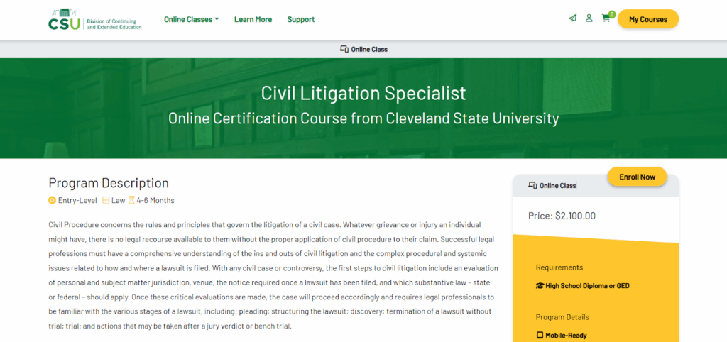 Screenshot of The Civil Litigation Specialist's program description