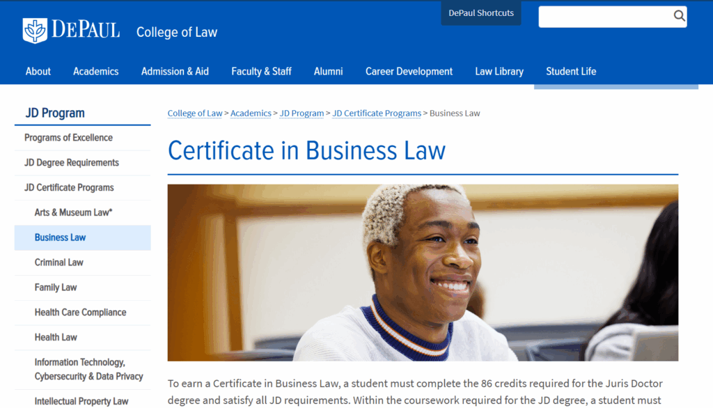 Screenshot of the Certificate in Business Law landing page