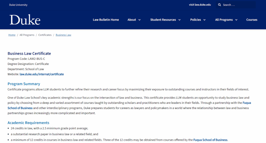 Program summary of the Business Law Certificate