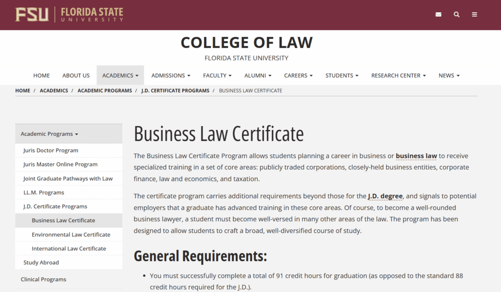Screenshot of the Business Law Certificate