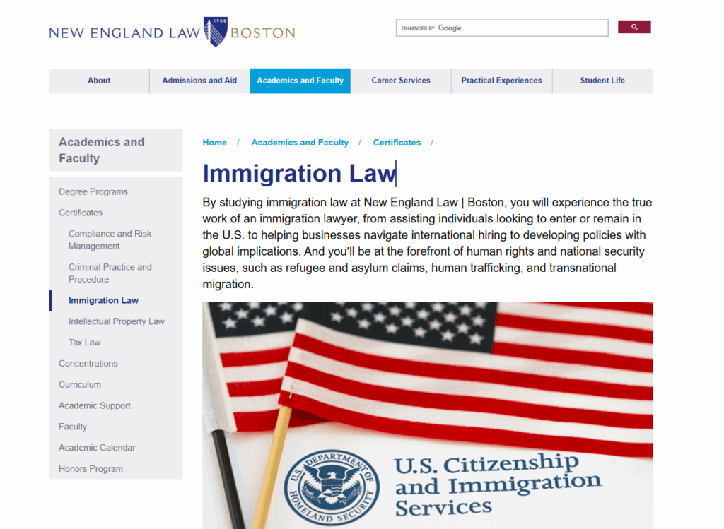 The Immigration Law certificate overview page