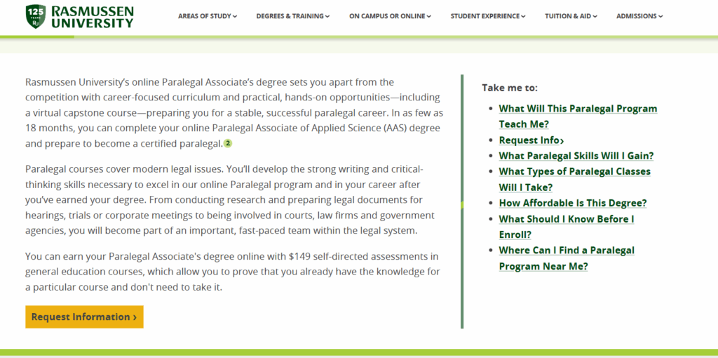 The Paralegal Associate's Degree certificate overview page