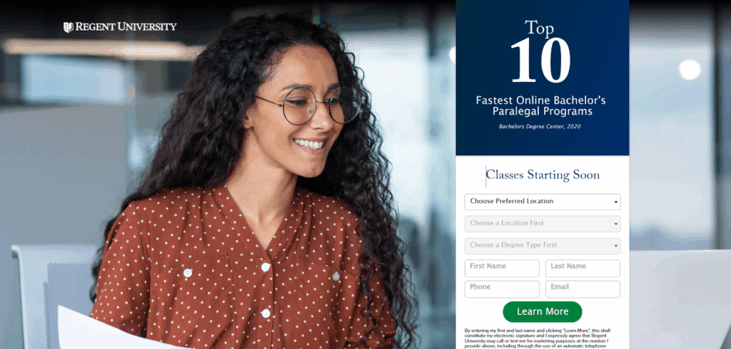 The B.S. in Paralegal Studies landing page