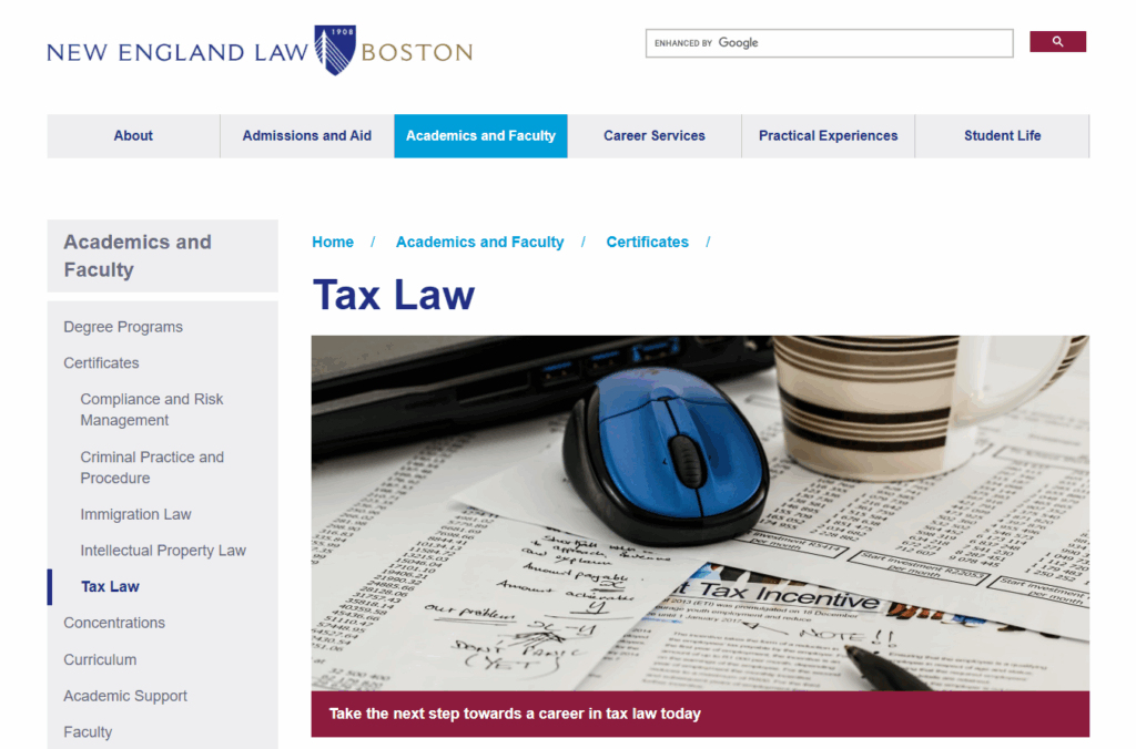 The Tax Law Certificate landing page