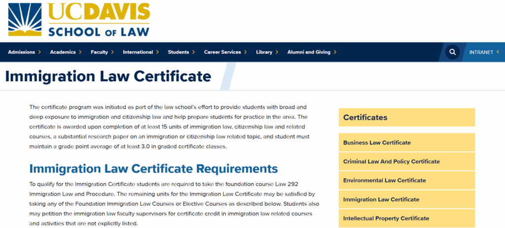 The Immigration Law Certificate overview page