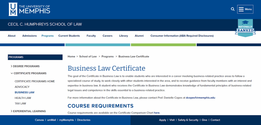 The Business Law Certificate overview page
