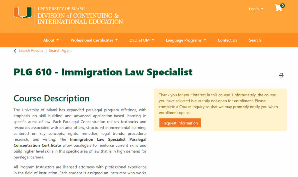 Course description of the Immigration Law Specialist Paralegal Concentration Certificate