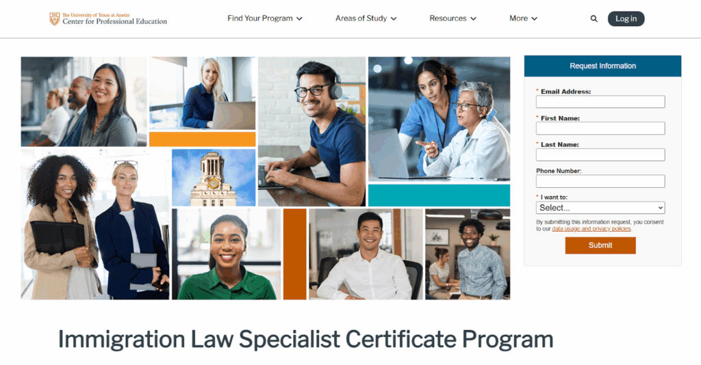 Screenshot of the Immigration Law Specialist Certificate Program landing page