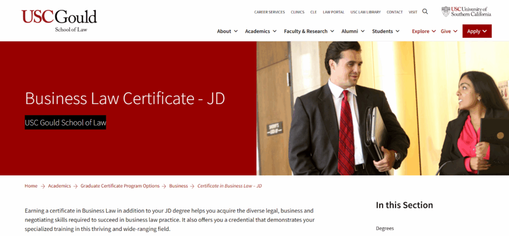 The Business Law Certificate - JD landing page