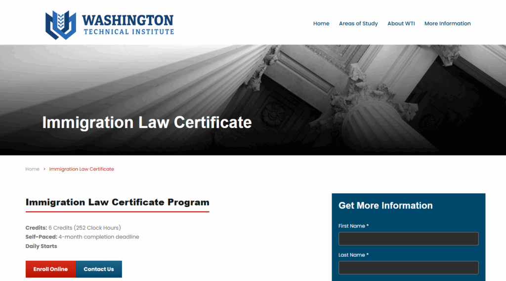 The Immigration Law Certificate landing page