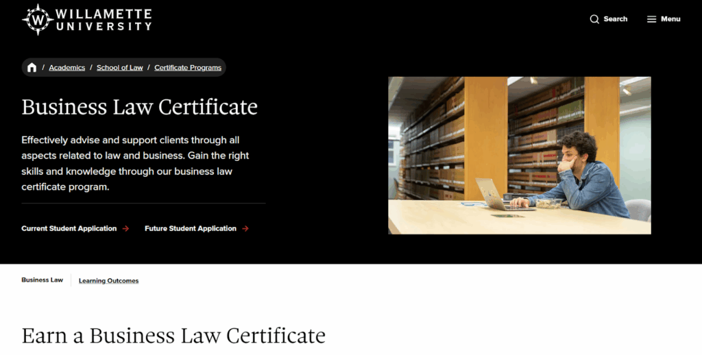 The Business Law Certificate landing page