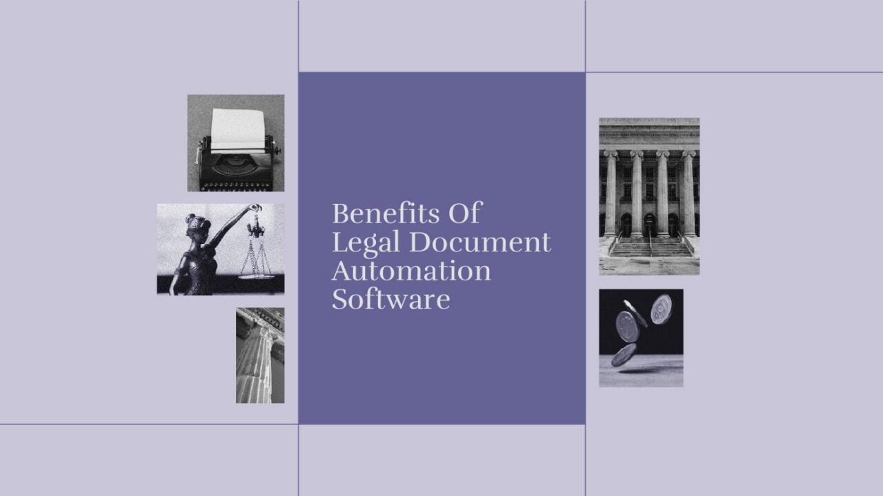 Benefits of legal document automation software text on purple background
