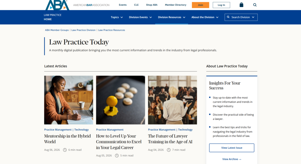 ABA Law Practice Today featuring articles on management, technology, and lawyer training