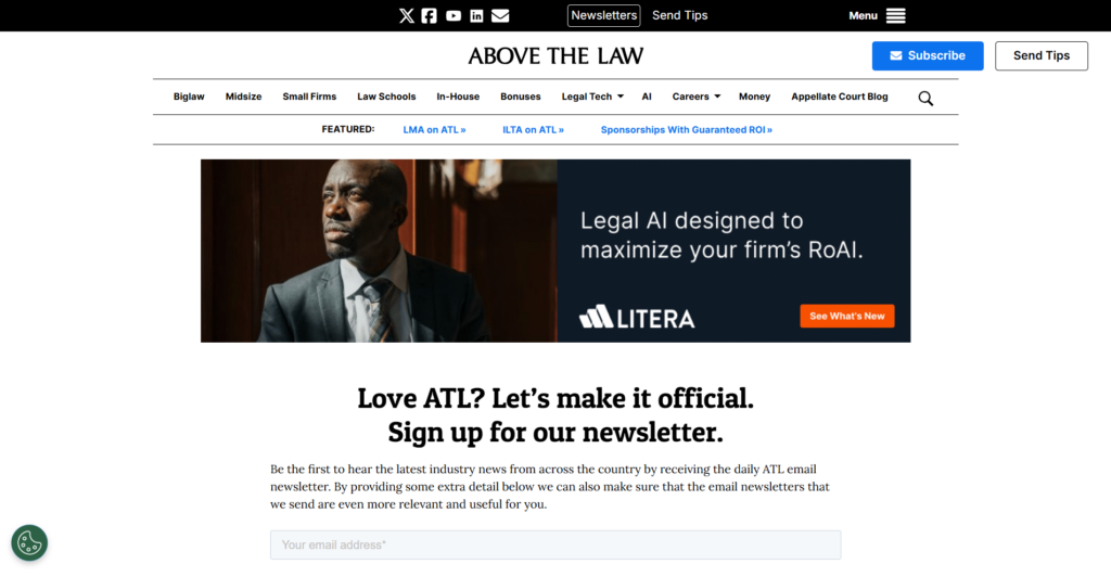 Above the Law Newsletter signup page for legal industry coverage