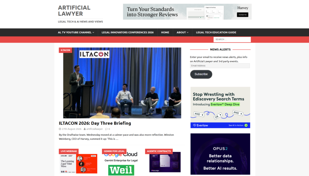Startseite von Artificial Lawyer mit einer Zusammenfassung eines ILTACON-Panels