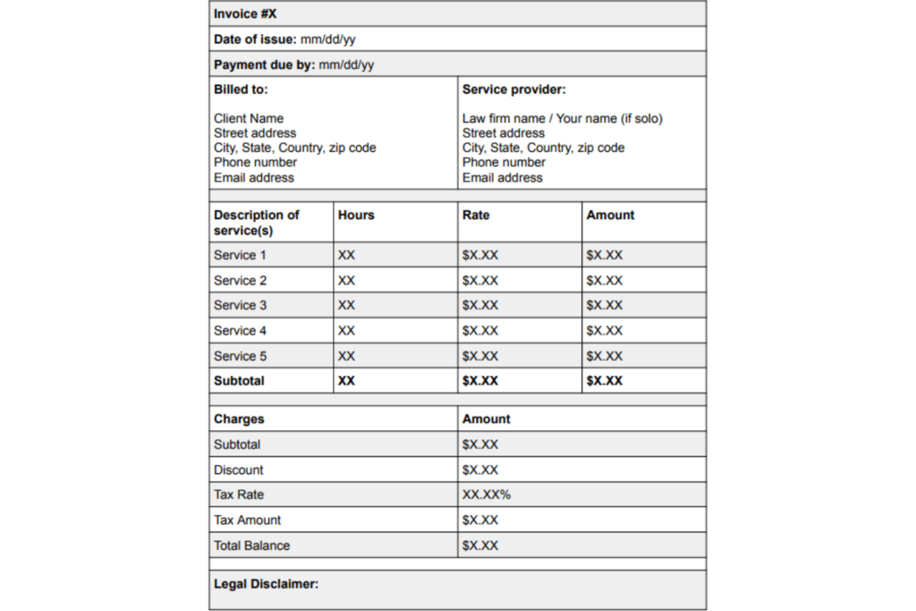 modèle gratuit de facturation juridique de Clio