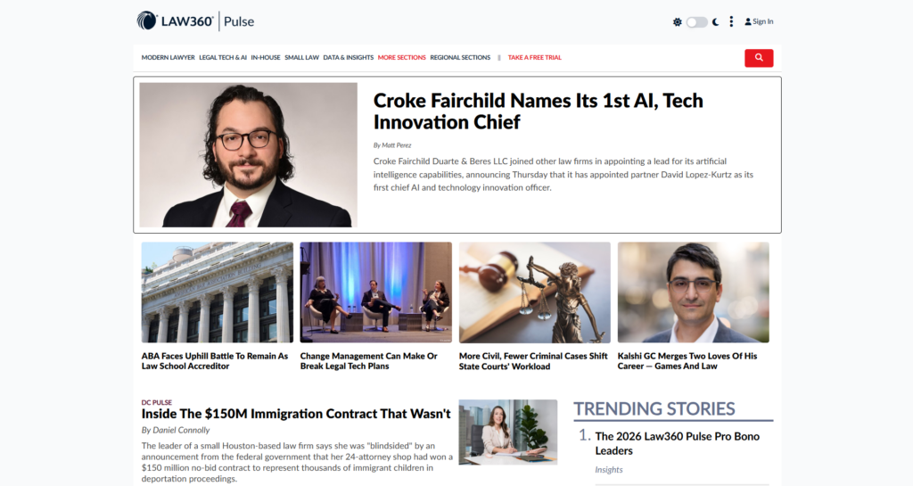 Law360 Pulse homepage featuring legal industry news and analysis