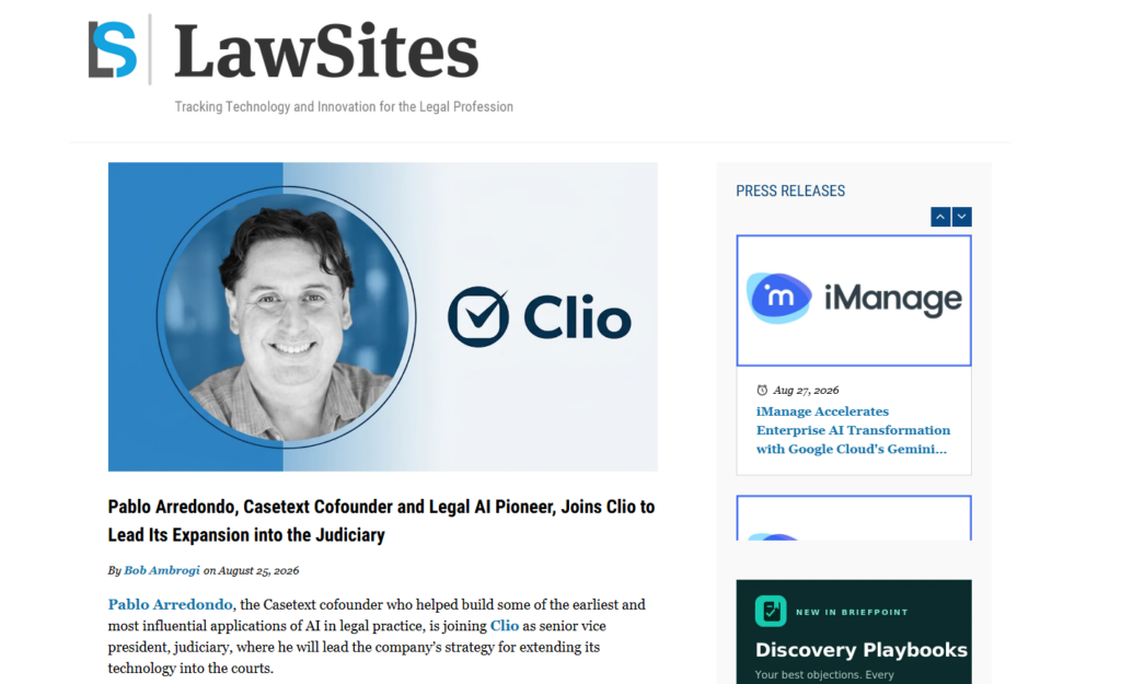 Startseite von LawSites mit einer Geschichte über Führung in der juristischen KI