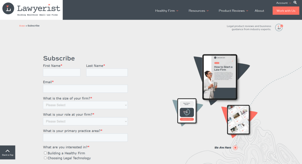 Lawyerist newsletter signup page with law firm and legal technology topics