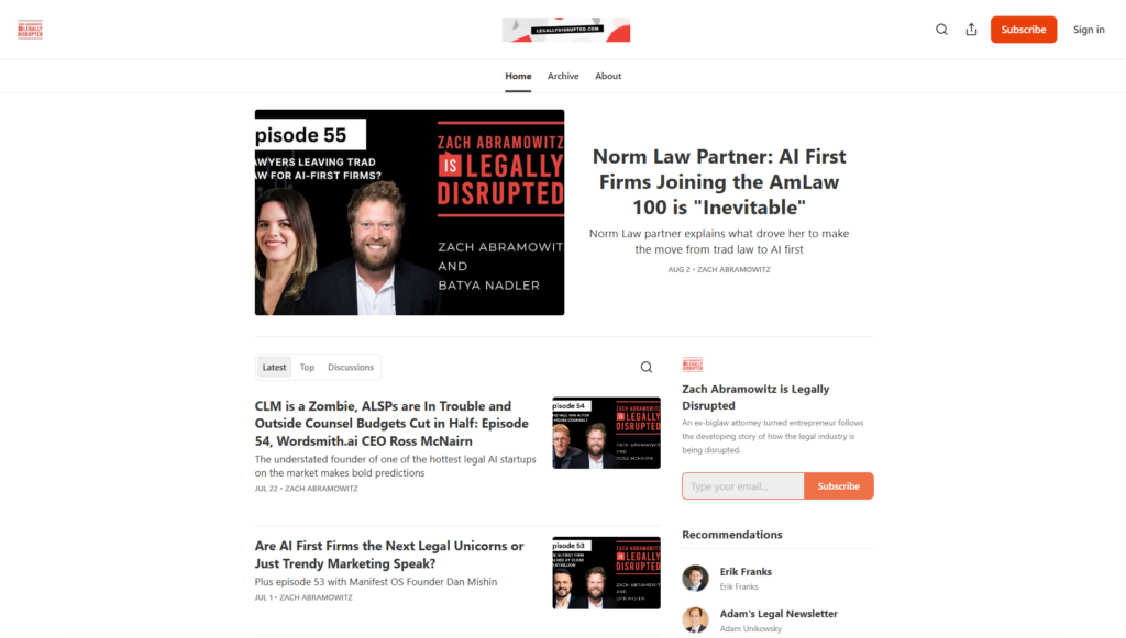 Legally-Disrupted-Seite mit einer Diskussion über KI-zentrierte Kanzleien