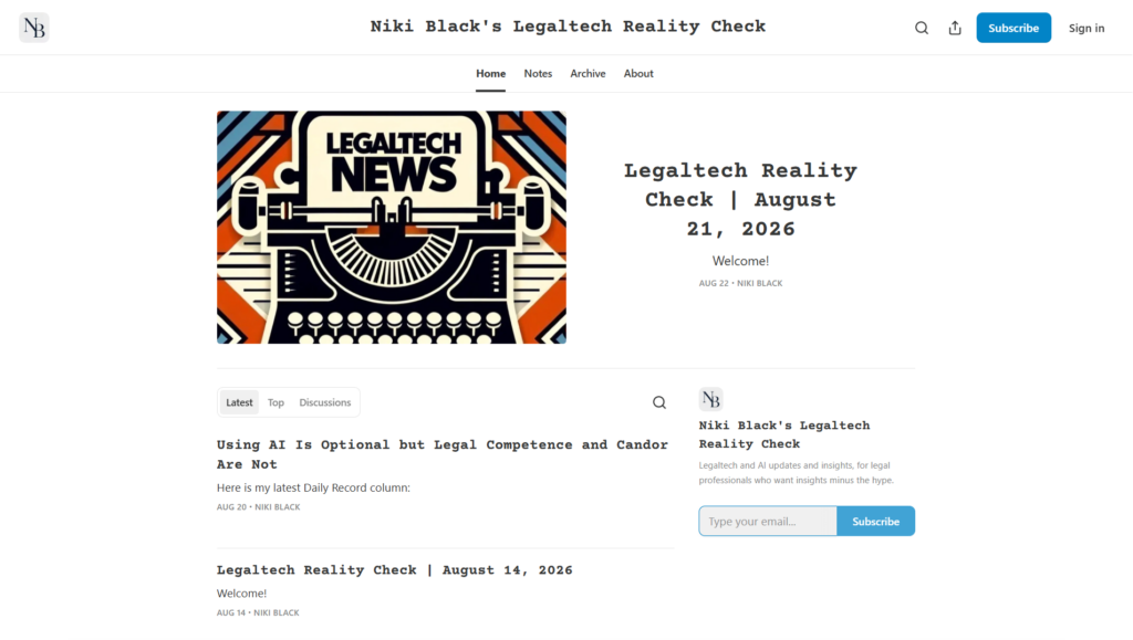 Seite von Niki Black's Legaltech Reality Check mit der August-Ausgabe